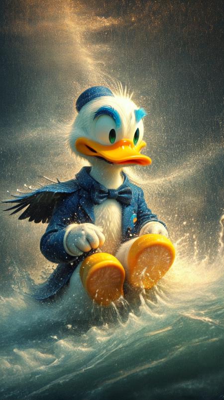 highly detailed, epic donald duck, close up, dispersion, mistycal, ral-elctrprts, chrmtcgldCE_style, novuschroma style