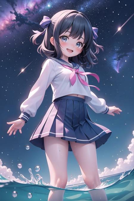 (masterpiece), scenery, cosmic, starry sky, 1girl, sailor uniform, blush, open mouth, smile, medium hair, hair ribbon, sidelocks, water, wading