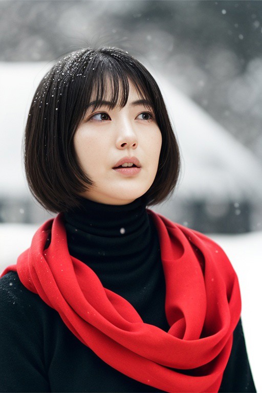 a photoshoot of RurikoMidorikawa, a beautiful woman, 1girl, solo, red scarf around neck, windy, rooftop, tokyo, black turt...