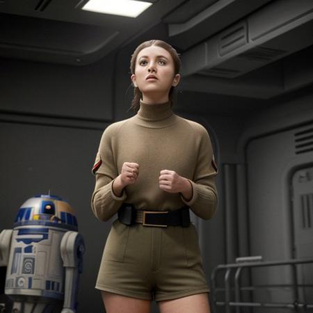 carrie fisher_v1, score_9, score_8_up, score_7_up, 1girl, solo, realistic HD masterpiece photo of Princess Leia Organa (wearing a sexy soldier outfit:1.3), (minimal clothing:1.3), tight_khaki_shorts, armless_shirt with low-cut_huge cleavage, gloves and belt, (20-years-old Carrie Fisher face:1.3), (huge massive breasts:1.3), (huge cleavage:1.3), standing on Endor, showing off her king toned-beautiful legs, dark lipstick, full lips, looking at viewer seductively with her beautiful eyes, Star Wars style