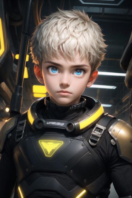 upper body, portrait, robot,white orange armor, white shimmering hair, neon light, 8K, RAW, best quality, masterpiece, ultra high res, colorful, (medium wide shot), (dynamic perspective), sharp focus ,depth of field,  1boy, extremely detailed eyes and face, beautiful detailed eyes,(black gold, trimmed gear:1.2),(In a futuristic weapons factory:1.2), <lyco:add_detail:0.2> , <lyco:Mecharobot:0.8>, dramatic lighting, realistic,