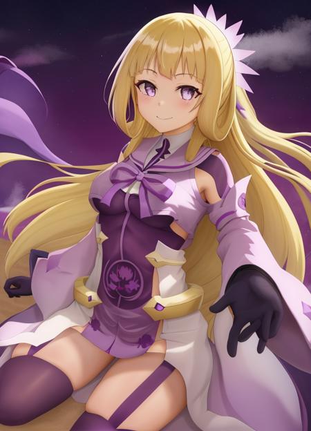 <lora:Nogi_Sonoko-10:1>,1girl,solo,Nogi_Sonoko, gray eyes,long hair, looking at viewer, smile, blonde hair, thighhighs, gloves, purple gloves,purple dress,(wide white sleeves),purple ribbon,purple stockings,hair ornament,pussy purple rose tattoo