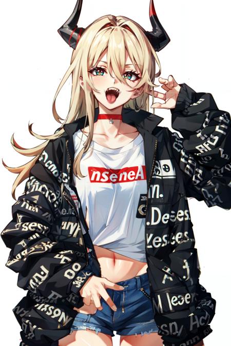 drip jacket, sharp teeth, white background, white shirt, red horns, choker, 1girl, cross-shaped pupils, teeth, navel, solo, long hair, midriff, simple background, cropped shirt, hair between eyes, black jacket, jacket, open mouth, tongue out, shirt, symbol-shaped pupils, blonde hair, crop top, looking at viewer, shorts, horns, tongue <lora:drip_jacket:0.8>