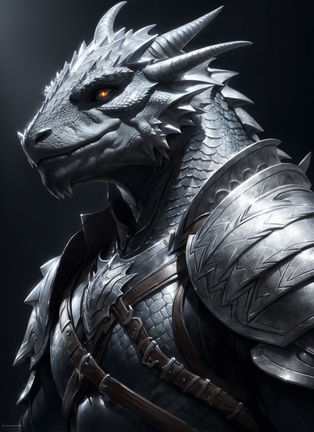 silver dragonborn, male, horns, solo, scales, armor, tail, shoulder armor, pauldrons, upper body, closed mouth, black background
, ((masterpiece, best quality)), art by greg rutkowski  <lora:dragonborn_offset:1>