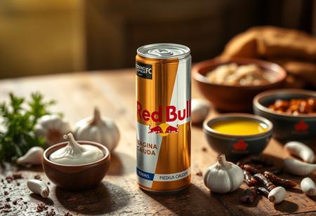 “Advertising photoshoot for a new limited-edition Red Bull can in ‘Bagna Caüda’ flavor, celebrating the flavors of the Piedmont region. The can prominently displays the Red Bull logo, the official Piedmont region logo, and the Torino FC logo as a key sponsor, symbolizing the connection to local culture and sports. The can’s design features earthy tones with subtle illustrations of garlic, anchovies, and olive oil – the key ingredients of bagna càuda. It’s set on a rustic wooden table surrounded by traditional Italian ingredients like garlic cloves, anchovies, and bowls of olive oil and cream, capturing the essence of Piedmont. The lighting is bright but warm, emphasizing both the energizing nature of Red Bull and the rich culinary heritage of Piedmont. All logos – Red Bull, Piedmont, and Torino FC – are clearly visible.”