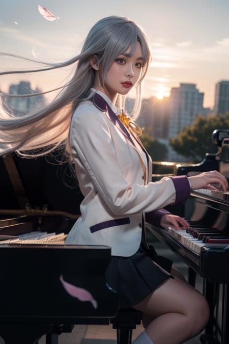 tachibana kanade, 1girl, solo, cosplay,  school uniform, jacket,blazer, long sleeves,neck ribbon,gem,necklace, pleated skirt, kneehighs, loafers,  yellow eyes,white hair, long hair,bangs, hair pulled back, 