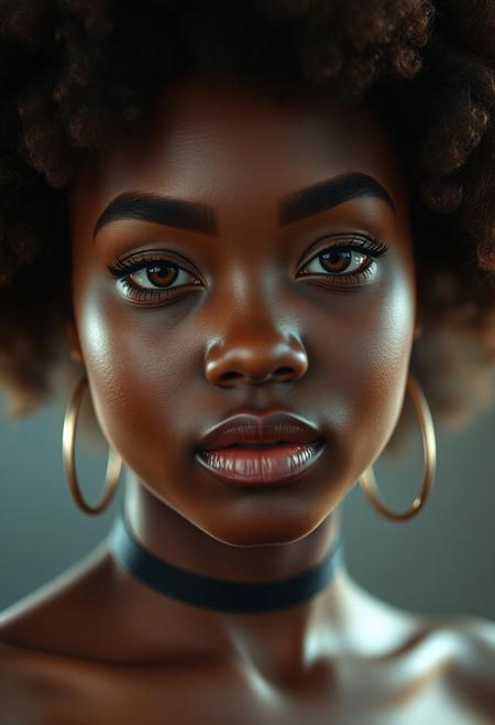 (masterpiece:1.4), (beautiful lighting:1.1), up close, portrait shot of a beautiful brown sugar skinned Milf with 2 amber afro puffs that's looking at the Viewer she has chestnut brown lipstick and faintly glowing amber eyes and wearing a thin black choker and blushing