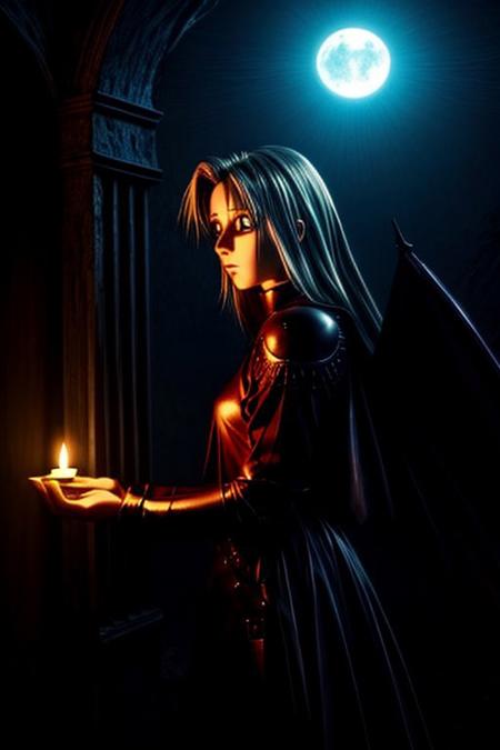 young woman, leather armor, silver hair, piercing blue eyes, wielding a bullwhip, in an ancient castle; night time,  bats flying, fog; gothic, spooky, adventure, candlelight, 1990s (style), 1980s (style), retro artstyle,