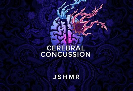 Design an album cover for "Cerebral Concussion" by JSHMR, inspired by the SORA style. The cover should feature intricate and detailed patterns, blending organic and geometric shapes to create a surreal and dreamlike atmosphere. Use a color palette of deep purples, blacks, and dark blues, with subtle accents of neon or metallic tones. The central focus should be a stylized head or brain, fractured and fragmented, symbolizing the chaos and disorientation of a concussion. Surround this with swirling abstract elements, giving a sense of motion and mental turbulence. The title "Cerebral Concussion" and artist name "JSHMR" should be integrated seamlessly into the design, using a sleek, modern font that complements the overall aesthetic. The cover should evoke a sense of both beauty and unease, reflecting the emotional depth and complexity of the music.