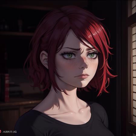 Best_QualityPos, RAW photo, intricate details, best quality, 8k uhd, soft lighting, 1girl, solo, green eyes, red hair, short hair, freckles, sad expressions <lora:Emma_Stone:0.7>