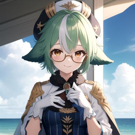 ((masterpiece)),(best quality),official art,extremely detailed CG,unity 8k wallpaper,ultra detailed,A lighthouse on a cliff by the sea,1girl,solo,upper body,(portrait:1.2),looking at viewer,gloves,green_hair,hat,knee_boots,white_footwear,glasses,animal_ears,long_sleeves,long_hair,orange_eyes,gold_trim,multicolored_hair,smile,garter_straps,cat_ears,high_heels,black_thighhighs,semi-rimless_eyewear,ponytail,blue_dress,beret,cape,<lora:Sucrose(gen)>,