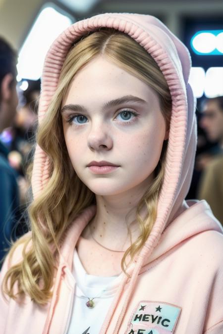 a naturally beautiful woman, at a crowded comicon convention, pastel pink hoodie, (people in the background), [candid:0.5, amateur:0.5], 8K, RAW, UHD, perfect face, stunning clear eyes, (((close up))) <lora:ellieFanning:1>