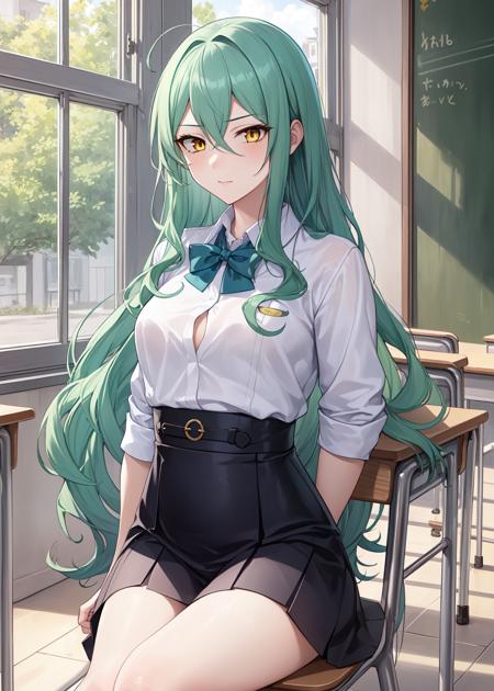 (masterpiece, best quality:1.2)
rita arsenico, 1girl, solo, long hair, bangs, hair between eyes, very long hair, yellow eyes, green hair,
school uniform, school uniform, sitting, school desk, school chair, 
<lora:rita_divineElegance_v1-000006:0.65>