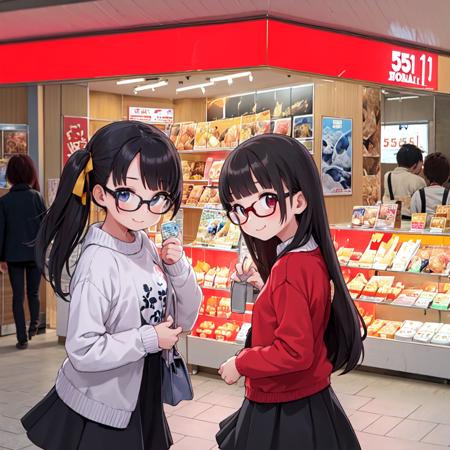 masterpiece, best quality, ultra-detailed, illustration,
1girl, glasses, black hair, long hair, sweater, long skirt, shy smile, happy, v, looking at viewer, upper body,
horai, scenery, storefront, japan, shop, scenery, food
 <lora:551_HORAI_SD15_V2:1>