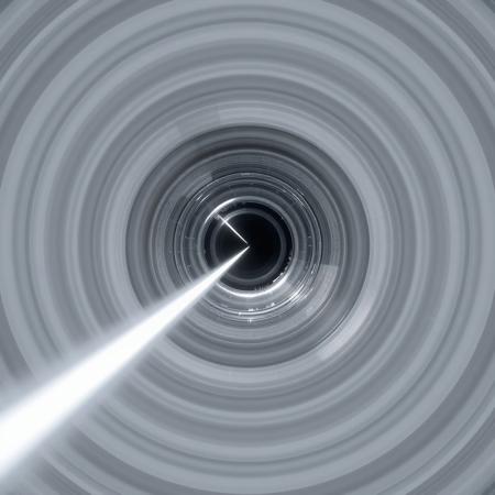 A chrome and silver beam hitting a human 100 metres away. The beam is about 1 metre thick and surrounded by multiple concentric grey and white circles of varying diameter
