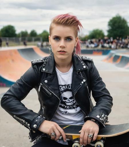 cinematic photo professional fashion portrait photography of a beautiful ((ahmx:1.2) woman) in a punk black leather jacket with studs, ((((skate park in the background)))), multiple ear piercings, multiple lips piercings, multiple eyebrow piercings, colored hair, skull necklace, kids on skateboard in the background . 35mm photograph, film, bokeh, professional, 4k, highly detailed
 <lora:AmyAdams XLDogu_amhx woman:1.2>