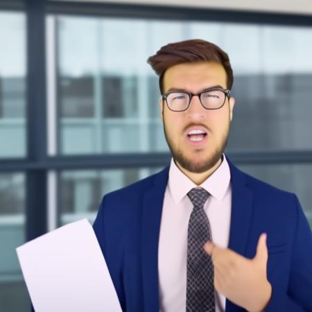 1boy, male_focus, Pitch Meeting, a man  holding a piece of paper in his hand and a folder in his other hand, in front of a window, cinematic lighting, rim lighting, PitchMeetGeorge