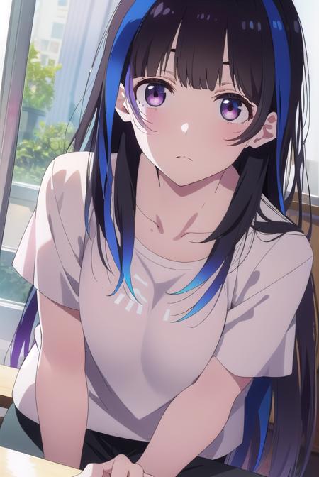 mini yaemori, long hair, bangs, black hair, blue hair, (purple eyes:1.1), multicolored hair, blunt bangs, streaked hair, ahoge, shirt, white shirt, short sleeves, clothes writing, skirt, shirt, animal ears, short sleeves, collared shirt, belt, cat ears, black skirt, uniform, animal ear fluff, parody, blue shirt, pencil skirt, black belt, police, police uniform,