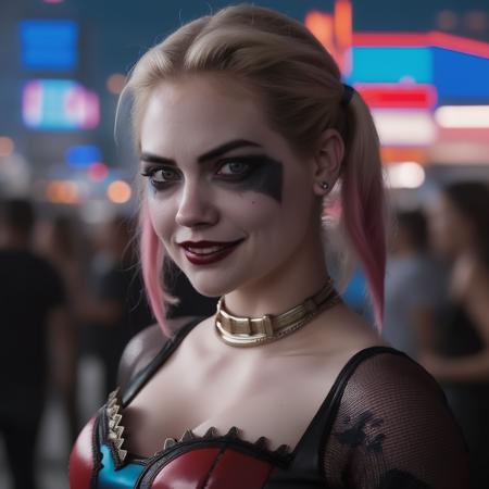 photo of ohwx woman as harley quinn, in the movie Suicide Squad, dyed hair, highly detailed, cinematic look, city at night, cinematic,  <lora:Kate Upton:1>