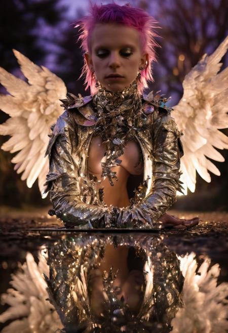 the reflection in the endless mirror of the angel of all punks. The re-reflections catch the viewer's eye. Iridescent highlights of soft lighting highlight the nature of the phenomenon of angels and punks. depth of field and complex background bokeh.