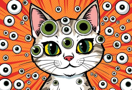 comic book art style, cat with eyeballs all over its entire body