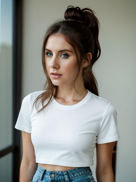 Realistic photo of a beautiful 4l1s0nb woman, 1girl, solo, looking at viewer, blue eyes, brown hair, shirt, jewelry, white shirt, ponytail, short sleeves, cowboy shot, pants, lips, crossed arms, ring, realistic, white pants, soft lighting, professional Photography, Photorealistic, detailed, RAW, analog, sharp focus, 8k, HD, high quality, masterpiece<lora:4l1s0nb:1.0>
