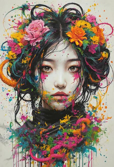 Asian Girl,([by Banksy|by Christopher Balaskas]:1.5), (colorful Medusa, with flowers entwined in her hair, petrifies with a single gaze, awardwinning, masterpiece, (Lovecraftian horror:1.3) <lora:xl_more_art-full_v1:0.5> <lora:add-detail-xl:0.7> <lora:MJ52:0.4>