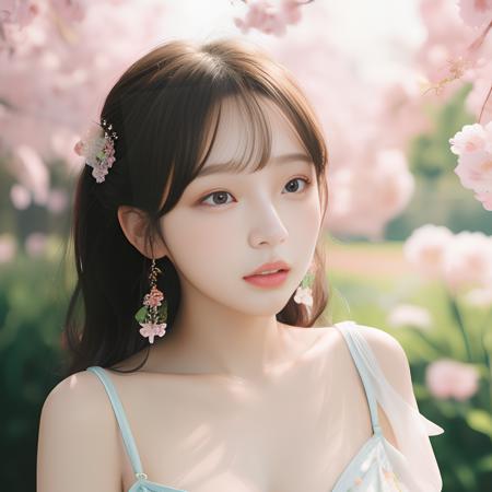 Mizuki_Lin,1girl, Floral motifs, luminous skin, enchanting gaze, embellished attire, natural lighting, shallow depth of field, romantic setting, dreamy pastel palette, whimsical details, captured on film<lora:1260+540lr5+1200lr25:1>