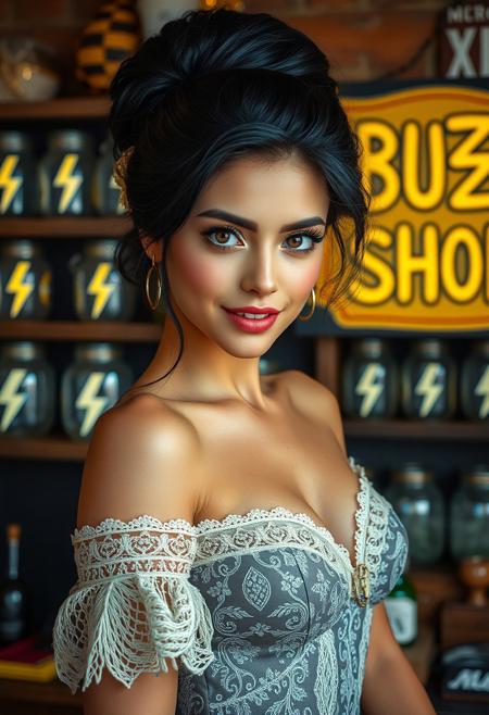 hyper realistic, A captivating, stunning, and highly detailed 8K UHD photo of a beautiful woman which is adorned with intricate details. The woman's stunning appearance showcases her striking sensuality. Black hair, hair updo, brown eyes. welcoming smile.
working at a shop, standing sensually behind the desk, a yellow sign in background with the text: "BUZZ SHOP".
Magical jars with cartoon yellow/blue lightning bolts on shelves in the background.
