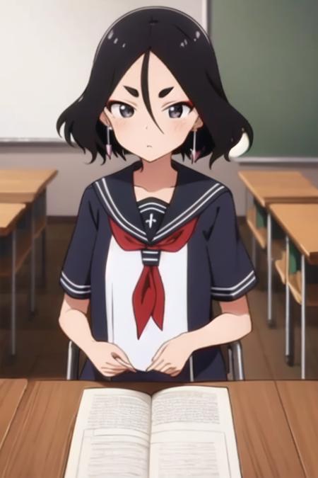 masterpiece, best quality, <lora:kunoichi_fuki:0.7> 1girl, solo, black eyes, black hair,  hair between eyes, short eyebrows, earrings,serafuku, short sleeves, sailor collar, red neckerchief, indoors, classroom,