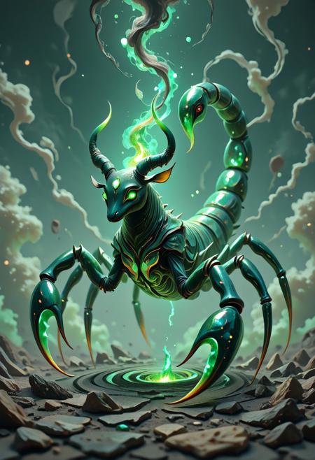 angled shot, side view, asymmetric,  masterpiece, best quality, very aesthetic,, abstract magical world , mystic aura,  an obsidian jade ScorpionHybrid, smoke swirls, organic, dramatic, tension, paranormal, in the distance are obsidian monoliths, vivid color pallet, volumetric light, detailed light, stunning composition, green scale, green bias