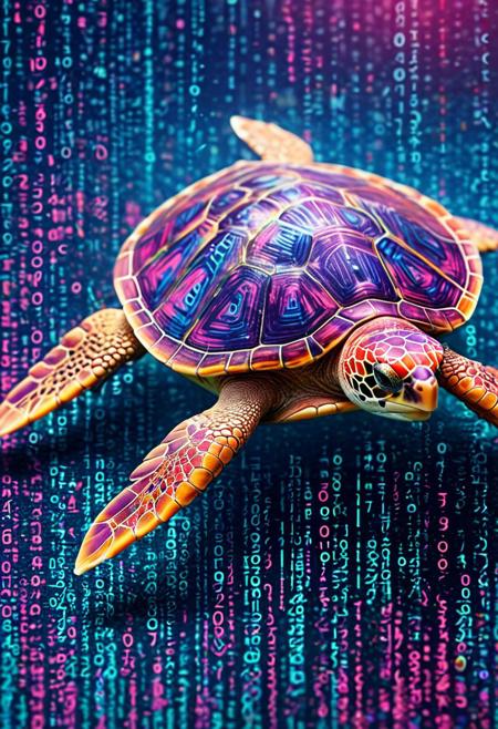 blue and pink matrix codes codeandigital, c0dean0igital, cyberw0rlds, 
colorful, vibrant, sea turtle with matrix codes, 
Selective focus,highly detailed, vibrant, perspective control