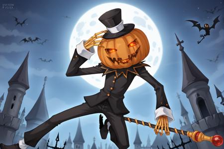 jakkRo, top hat, pumpkin head, black pants, glowing eyes, suit, long sleeves, no human, skeleton hands holding staff