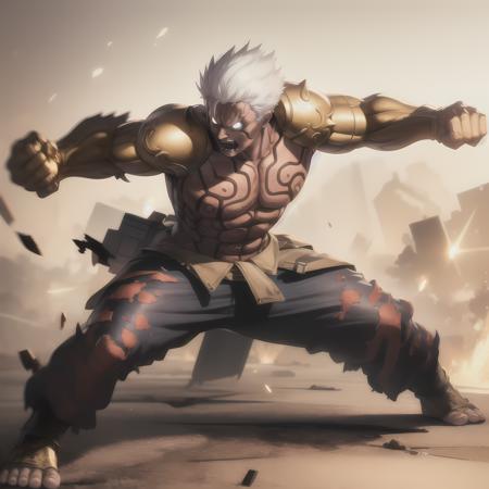 ((masterpiece, best quality)),(complex light),solo,solo focus,1boy,asura, <lora:AsuraWrath1-10:0.6>,white hair, glowing eyes, furious, golden arms, simple background, fighting stance, destroyed debris background