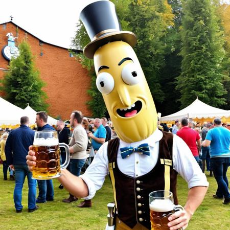 wacky real photo of life-sized ukj at oktober fest, wearing liederhosen, holds beer stein in hand, looking directly at viewer, smiling, outdoors,<lora:poopy_sdxl_v11_E3:0.9>