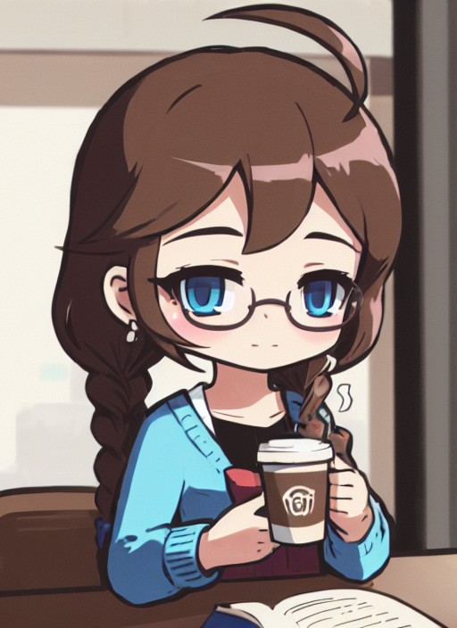 8k, 4k, (highres:1.1), best quality, (masterpiece:1.3),1girl, solo, glasses, blue eyes, book, chibi, earphones, braid, cup...