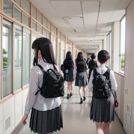 best quality, ultra-detailed, illustration,
rouka, school, multiple girls, school uniform, skirt, window, hallway, indoors, black hair, 2girls, scenery, from behind, multiple boys, tree, vest, plaid, sunlight, sweater vest, plaid skirt, 3girls, 1boy, realistic, photo background, photo (medium), photorealistic
 <lora:rouka_school_SD15_V4:1>