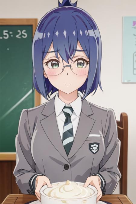 best quality, masterpiece, highres, solo, {mamiya_kanoko_watashinoyuriwaoshigotodesu:1.15}, blue_hair, green_eyes, blush, bangs, closed_mouth, short_hair, purple_hair, 1girl, blazer, glasses, grey_jacket, jacket, necktie, school_uniform, shirt, upper_body, striped, striped_necktie, indoors