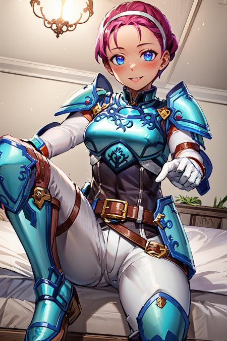 sitting on bed,spread legs, blush,smile,from below,<lora:fionaV1:0.85>,fiona,short hair,forehead,armor, armored boots, belt, breastplate,hairband, shoulder armor, looking at viewer,white pants, white gloves, gauntlets,  jewelry, knee boots,indoors,(masterpiece, best quality, ultra-detailed, best shadow)