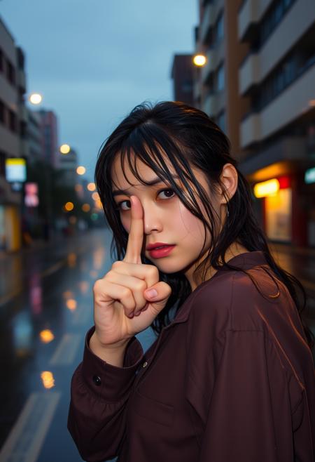 Give me the image of a woman doing one finger salute, empty street and intense rain, at dusk with reflections of artificial light, hair is wet and shirt is wet, shivering and hunched over.