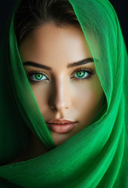 In this masterpiece of photography, captured by a Fujifilm camera, a minimalist black background serves as the canvas for an exquisite portrait. The woman's striking green eyes become the soul of the image, glowing with an almost hypnotic intensity that draws the viewer in. Partially obscured by flowing fabric, her face radiates an enigmatic and mysterious aura, emphasizing both beauty and depth.
Every detail is rendered with ultra-realistic precision, capturing the intricate textures of her smooth skin, delicate eyelashes, and the captivating irises that seem to shimmer under soft, directional lighting. The 8K HDR resolution enhances the depth and luminosity, making the image feel almost tangible.
The subtle gradient backdrop enhances the contrast between light and shadow, reinforcing the ethereal elegance of the composition. The interplay of sharp focus and blurred elements adds a layer of conceptual artistry, transforming this portrait into a visual metaphor of perception and emotion.
This cinematic, hyper-detailed photograph invites the viewer into a realm of surreal calm and introspective beauty, where minimalist abstraction meets the complexity of human expression.
Movie Still, Film Still, Cinematic, Cinematic Shot, Cinematic Lighting, reij-snrs, light and shadow by reij-snrs