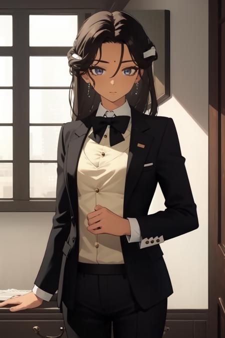 (masterpiece),best quality,Amazing,finely detail.Depth of field,beautiful detailed eyes, <lora:kaala_bauna6-000006:0.6>,1girl,kaala_bauna,cowboy shot,small breasts,(((black suit,butler,female butler, formal))),