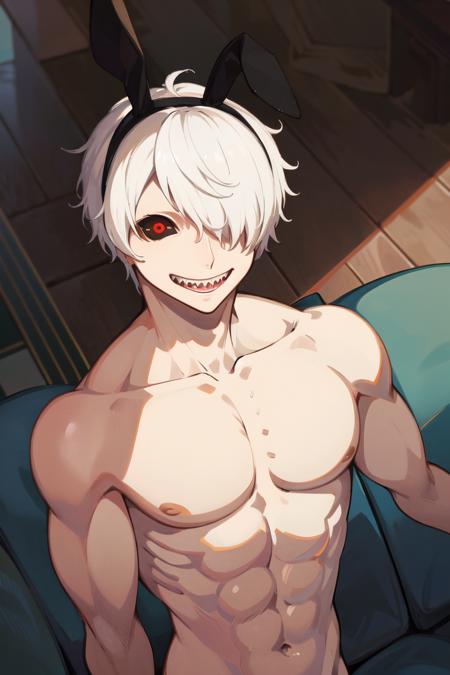 1boy, rabbit ear, white hair, hair over one eye, black scelera, red eyes, pale skin