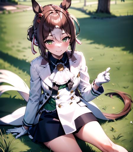 masterpiece, 8k wallpaper, best quality, 1girl, FineMotion, <lora:FineMotion>, smile, blush, grass, looking at the viewer, solo, standing, long sleeves, white gloves, sitting on bench,