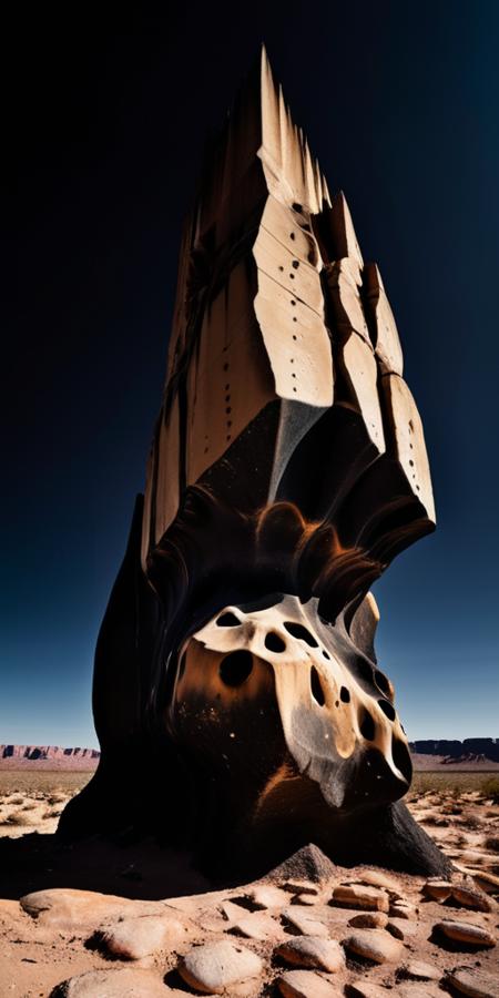 Surrealistic professionnal photography of a alien rocky landscape, gigantic black brutalist monolith, crevices, fissures, spikes, black sky, eerie, masterpiece, rough edges, extra detailed, film grain, award winning art, excellent quality <lora:xl_more_art-full_v1:0.4>