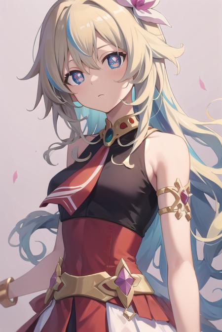 niateppelin, <lora:niateppelintest:1>,
nia teppelin, cross-shaped pupils, hair flower, hair ornament, long hair, multicolored hair, simple background, symbol-shaped pupils, two-tone hair, ahoge, curly hair,
BREAK armlet, bracelet, dress, pink skirt, skirt, sleeveless,
BREAK looking at viewer,
BREAK outdoors, city,
BREAK <lora:GoodHands-vanilla:1>, (masterpiece:1.2), best quality, high resolution, unity 8k wallpaper, (illustration:0.8), (beautiful detailed eyes:1.6), extremely detailed face, perfect lighting, extremely detailed CG, (perfect hands, perfect anatomy),