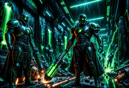masterpiece, best quality, amazing quality,  cinematic,ultrarealistic, 8k, wide shot,
2android, close-up 2android,full body,dark SF‑fantasy,dynamic shop, fry,hammer,gun,dynamic shopping,steam, action, battle,indoor,
Compete for goods,(audience:1.25),Necron,electricity, green glow, green theme
 <lora:cfg_scale_boost:0.6> <lora:Necron_World_XL:0.8> <lora:crowd_notrigger:0.4>