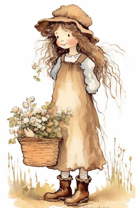 <lora:Kate Greenaway Style:1>Kate Greenaway Style - adorable and sweet little girl character with long brown unkempt wavy hair. She has a basket of flowers. Sketched, pen and ink, soft muted watercolours. Fuzzy vintage style. Vintage Hallmark book style. Art of Holly Hobbie book. The girl wears an old fashioned style dark brown floral dress. She wears a long white apron. Old Brown boots. Large cotton bonnet tied under chin. Similar in style to 1970s Holly Hobbie by American Greetings. Vintage style of cute 1970s Sarah Kay illustrations. Charming sketches. Whimsical, wholesome, nostalgic. 1980s stationery style, simple lines. Old style. Vintage Inspired