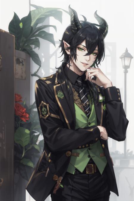 1boy, bangs, belt, black hair, black jacket, black pants, black vest, cowboy shot, flower, green eyes, hair between eyes, horns, jacket, leaf, long sleeves, looking at viewer, male focus, necktie, pants, plant, pointy ears, potted plant, rose, shirt, smile, solo, standing, thorns, vest, vines, <lora:Malleus Draconia-000010:1>