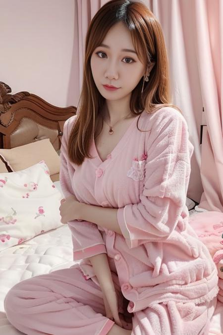 1girl, Chinese, pink pajamas, bedroom, upper body, earrings, chestnut_wavy_hair, looking at viewer, crossed arms, medium breasts, lace trim,